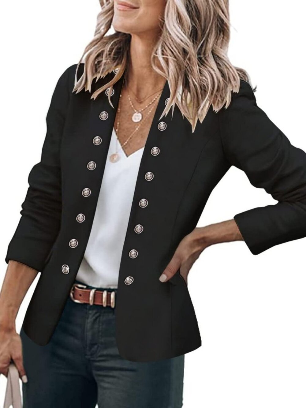 Chic Women's Business Casual Blazer with Buttons & Pockets - Stylish Open Front